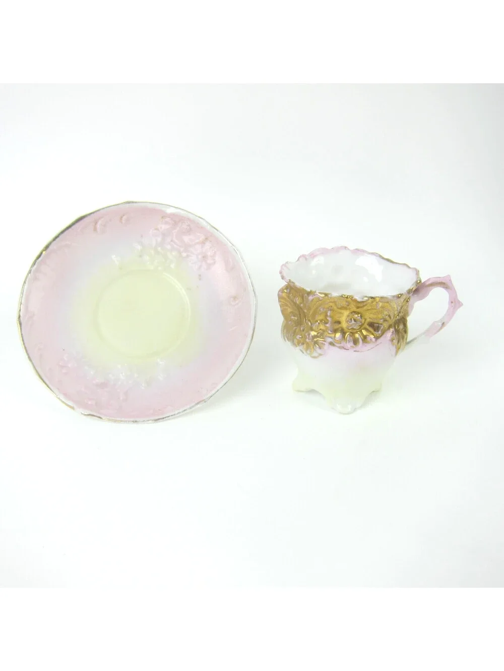 Antique Porcelain Footed Tea Cup & Saucer Set Pink Yellow Gold Floral Demitasse